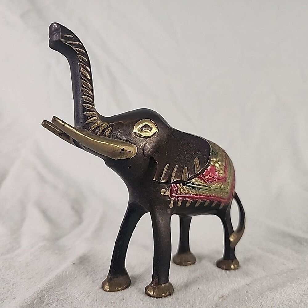 Statue Elephant Brass Figurine Blackened Etched Hand Painted India Luck Vintage
